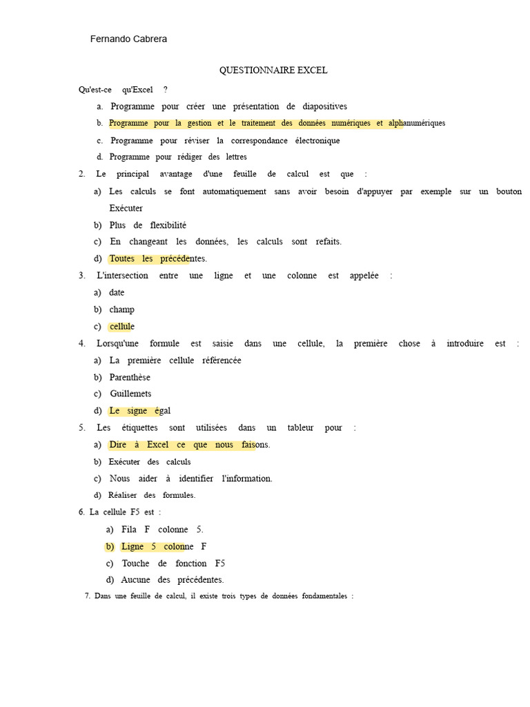 Questionnaire sur les bases d'Excel | PDF