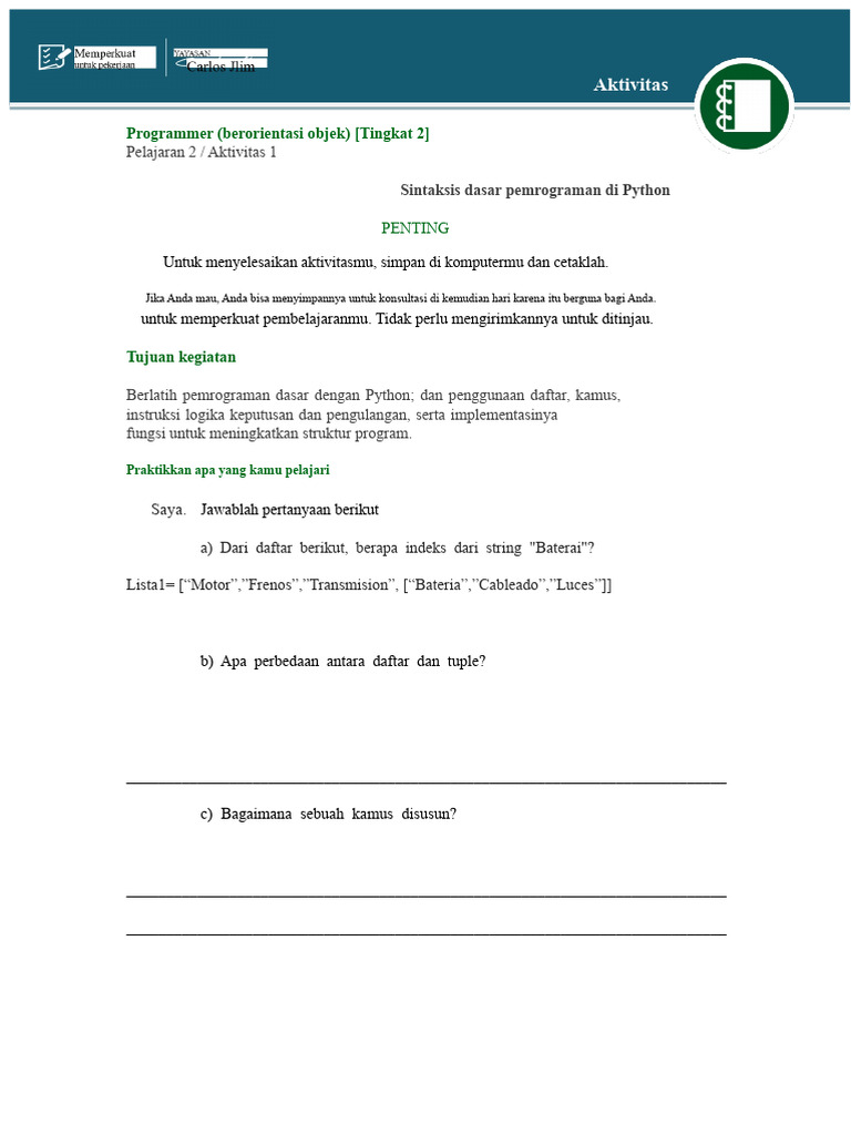 Latihan Pemrograman Dasar Python | PDF