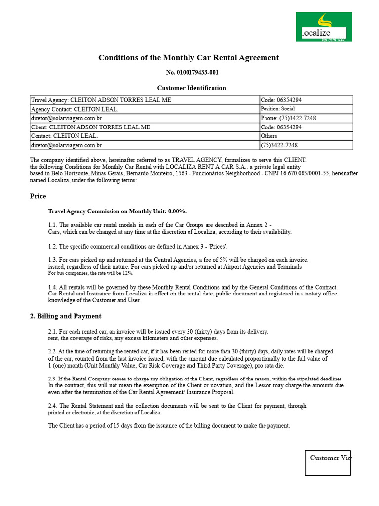 Conditions of The Monthly Car Rental Agreement AGVIG | PDF | Insurance ...