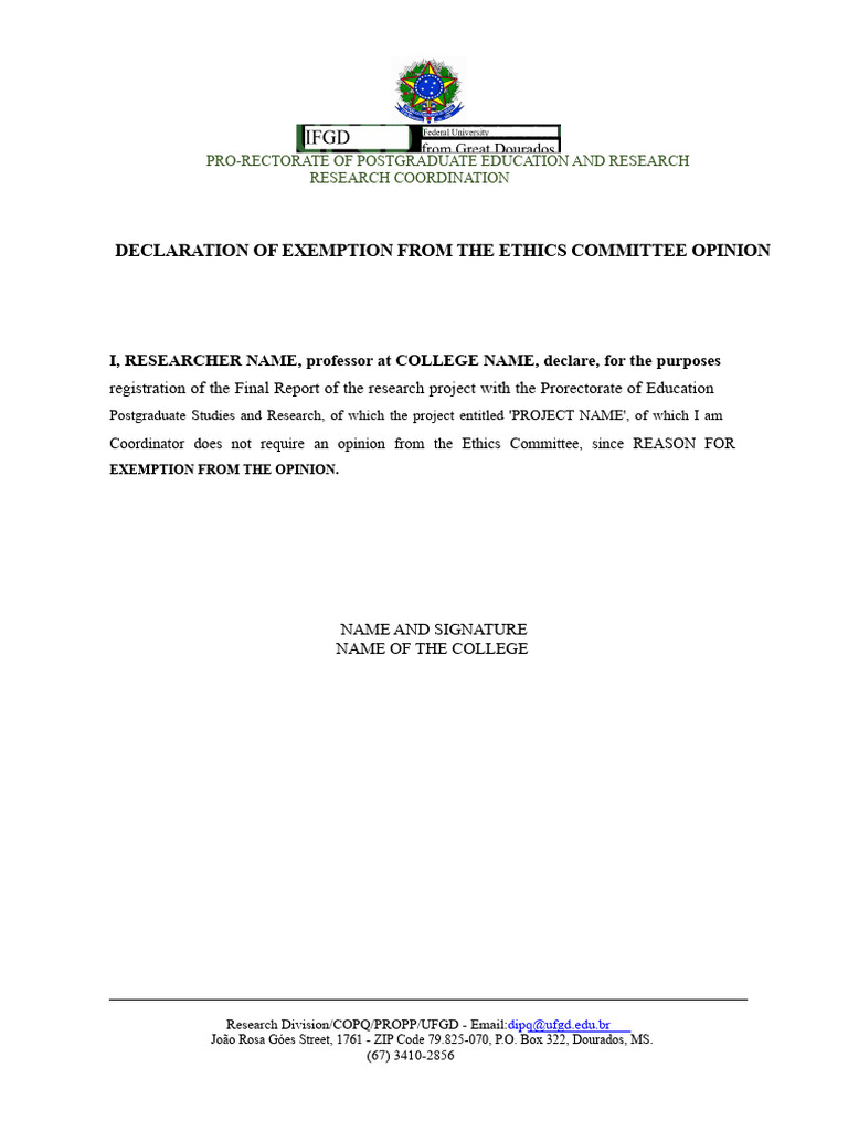 Declaration of Exemption From The Ethics Committee's Opinion | PDF