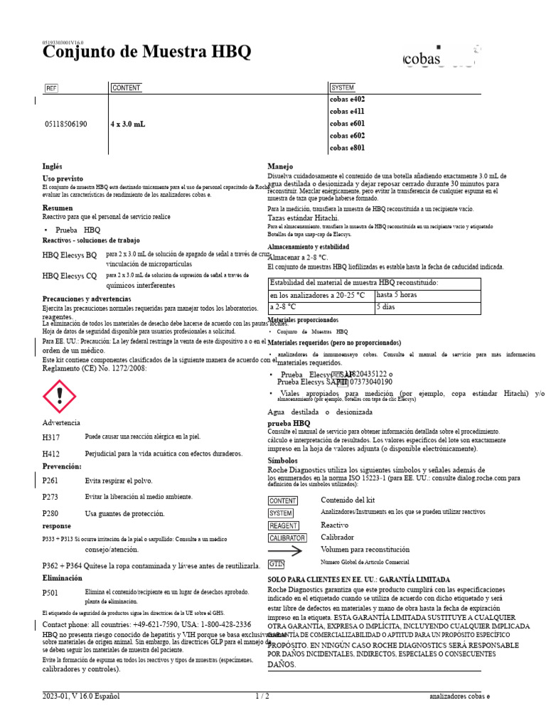 Conjunto de Muestra HBQ para Analizadores Cobas | PDF