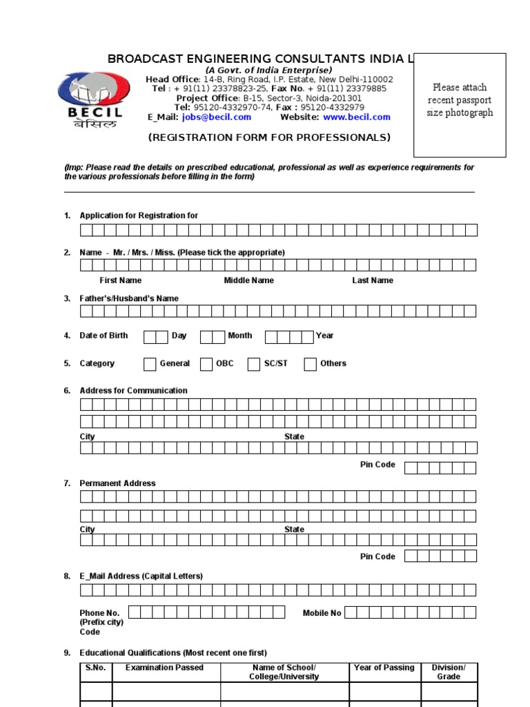 BECIL Registration Form for Professionals | PDF