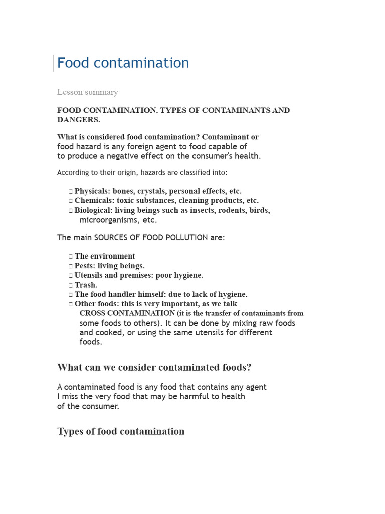 Food Contamination | PDF | Food Preservation | Foodborne Illness