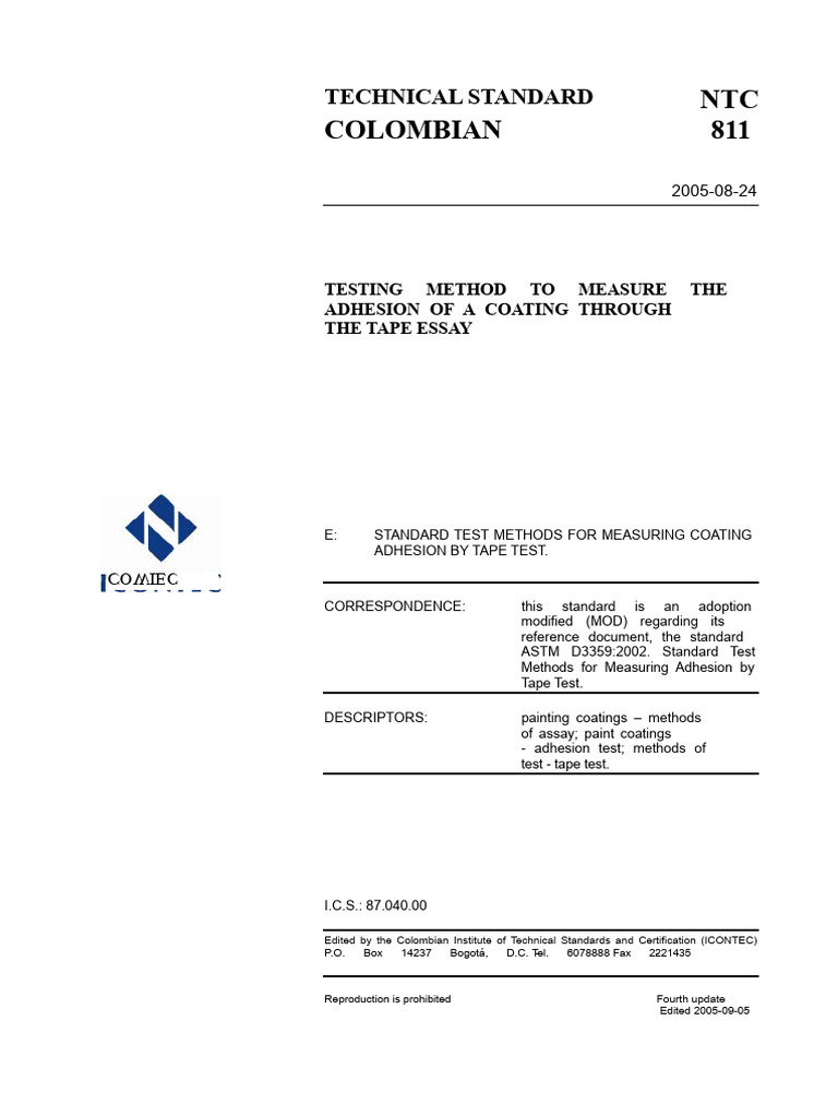 NTC 811: Coating Adhesion Testing Method | PDF | Adhesive | Coating