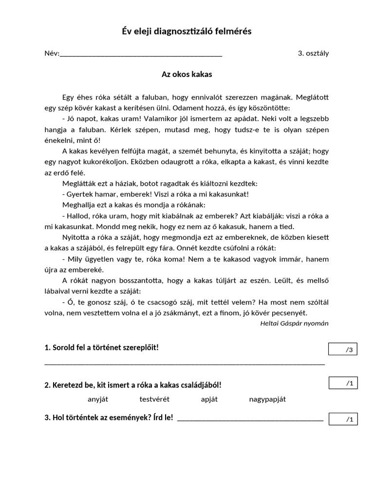 Év Eleji Szövegértés Felmérés 3.osztály | PDF