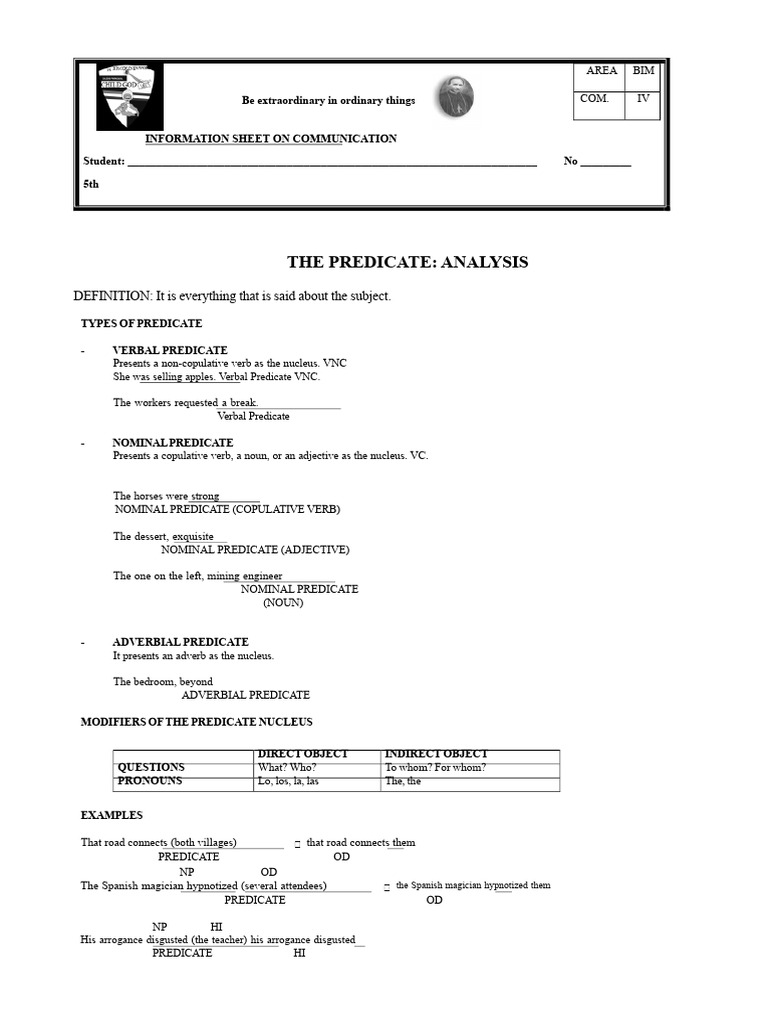 PREDICATE ANALYSIS 5th G. | PDF | Predicate (Grammar) | Subject (Grammar)