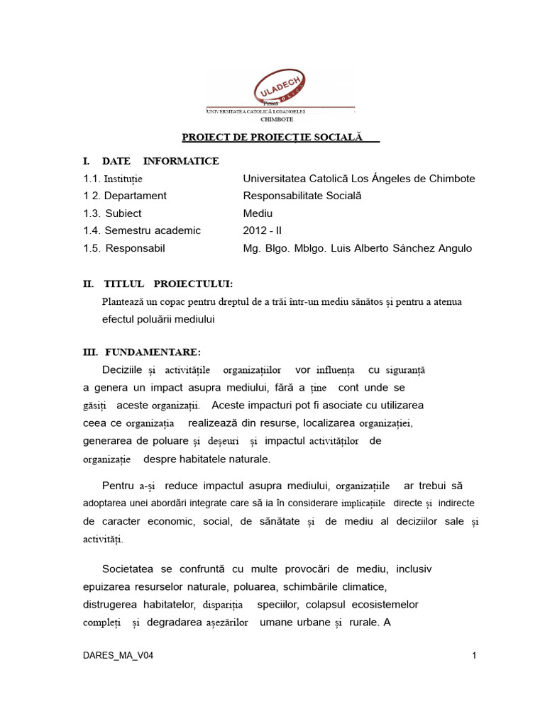 Proiect de Proiecție Socială Mediu Ambient | PDF