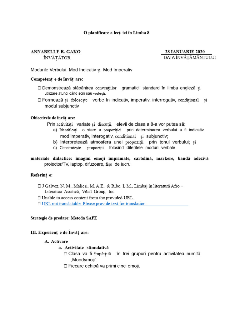 Plan de Lecție Pentru Modurile Verbale | PDF
