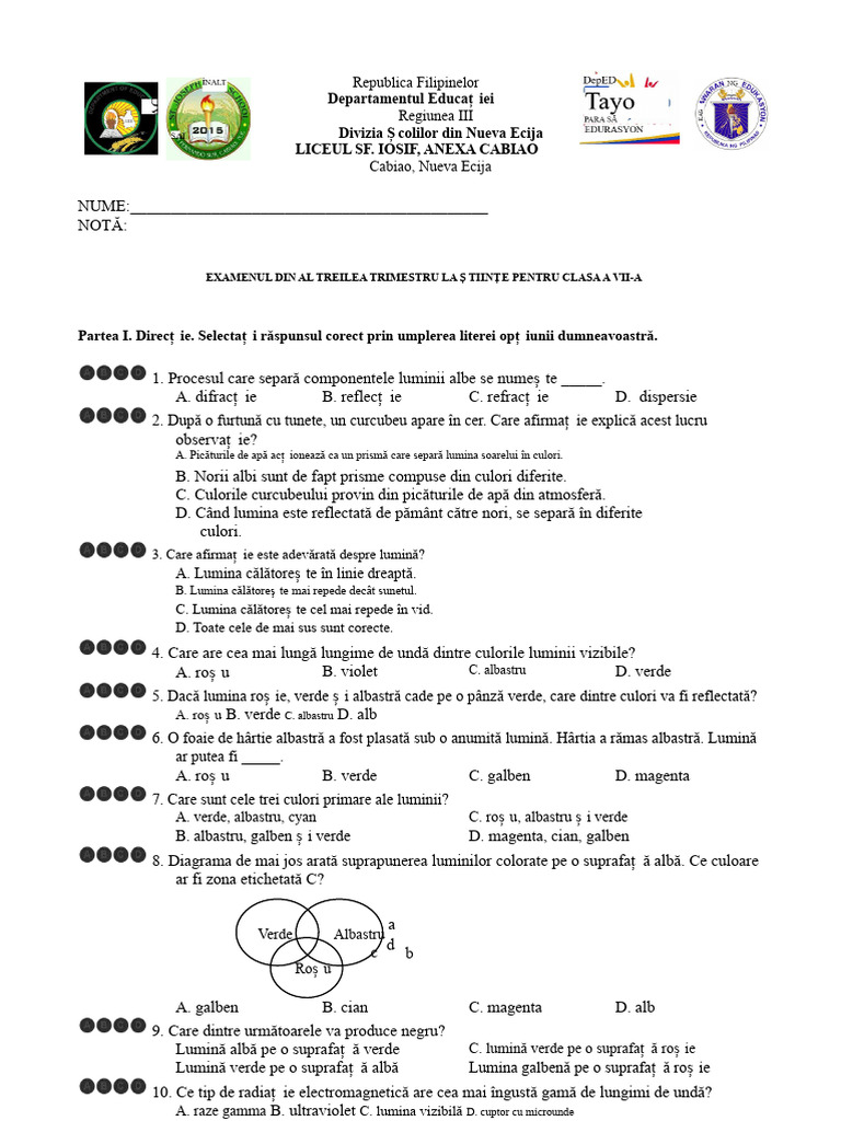 Test de Evaluare Trimestrială (Clasa A 7-A - Științe) | PDF