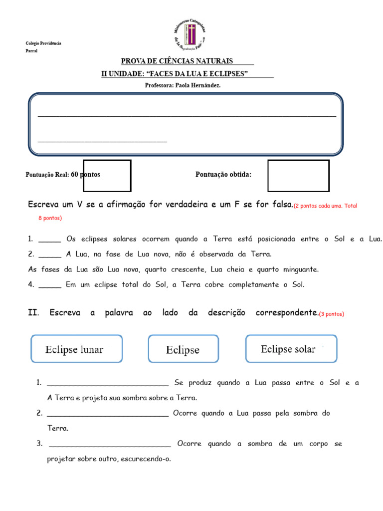 Prova de Ciências Naturais: Lua e Eclipses | PDF | Lua | Eclipse