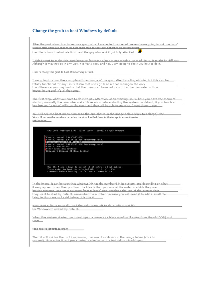 Set Windows as GRUB Default Boot Option | PDF | Booting | Superuser