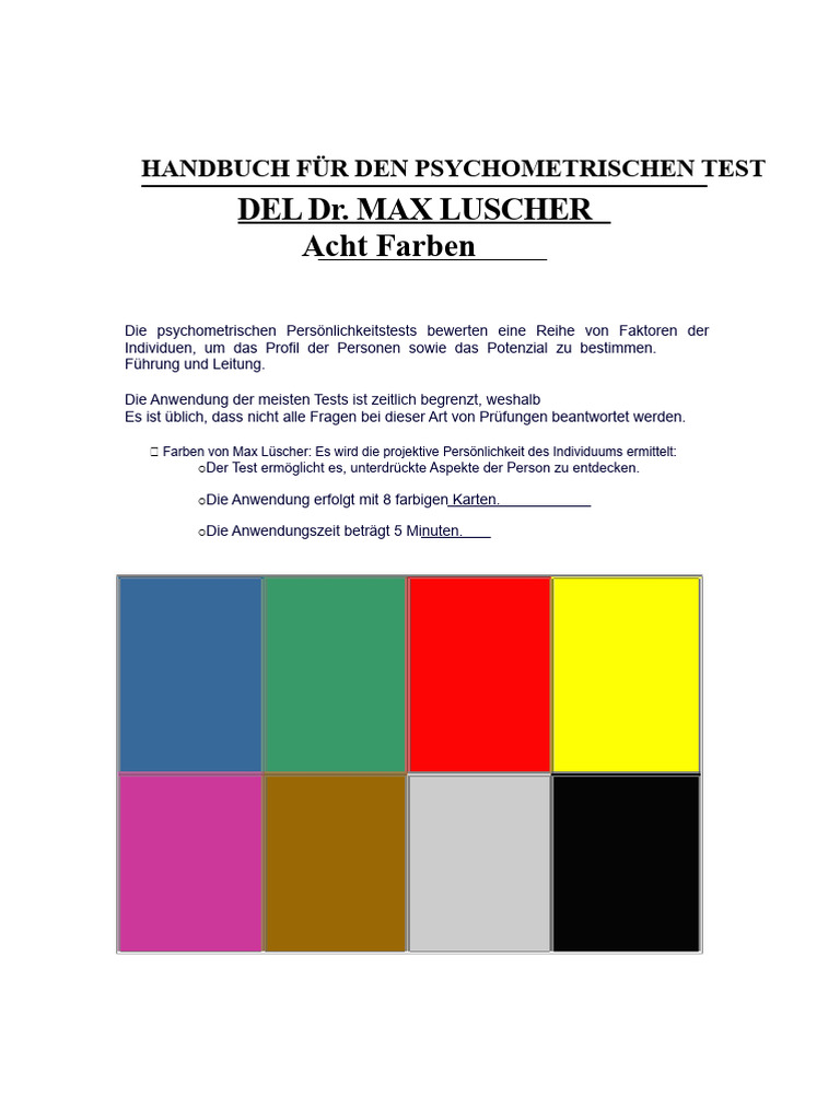 Psychometrischer Test Von Max Luscher. Farbtest. | PDF