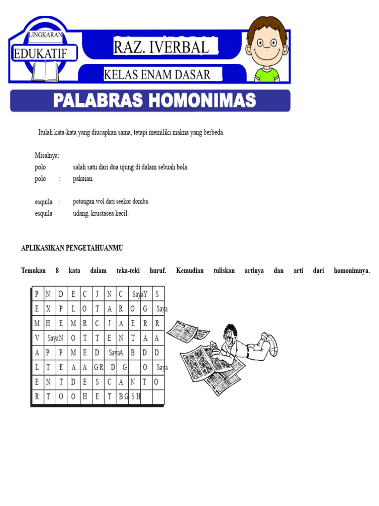 Latihan Kata Homonim Untuk Sekolah Dasar Kelas Enam | PDF