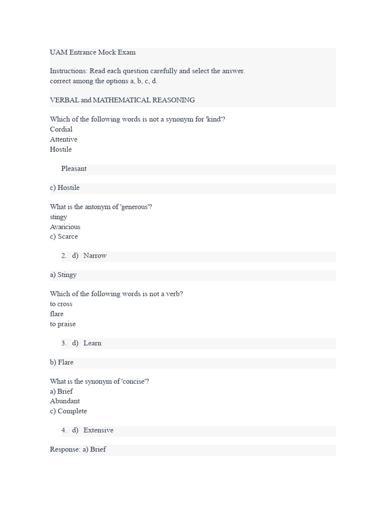 UAM Entrance Mock Exam Questions | PDF | Area | Water