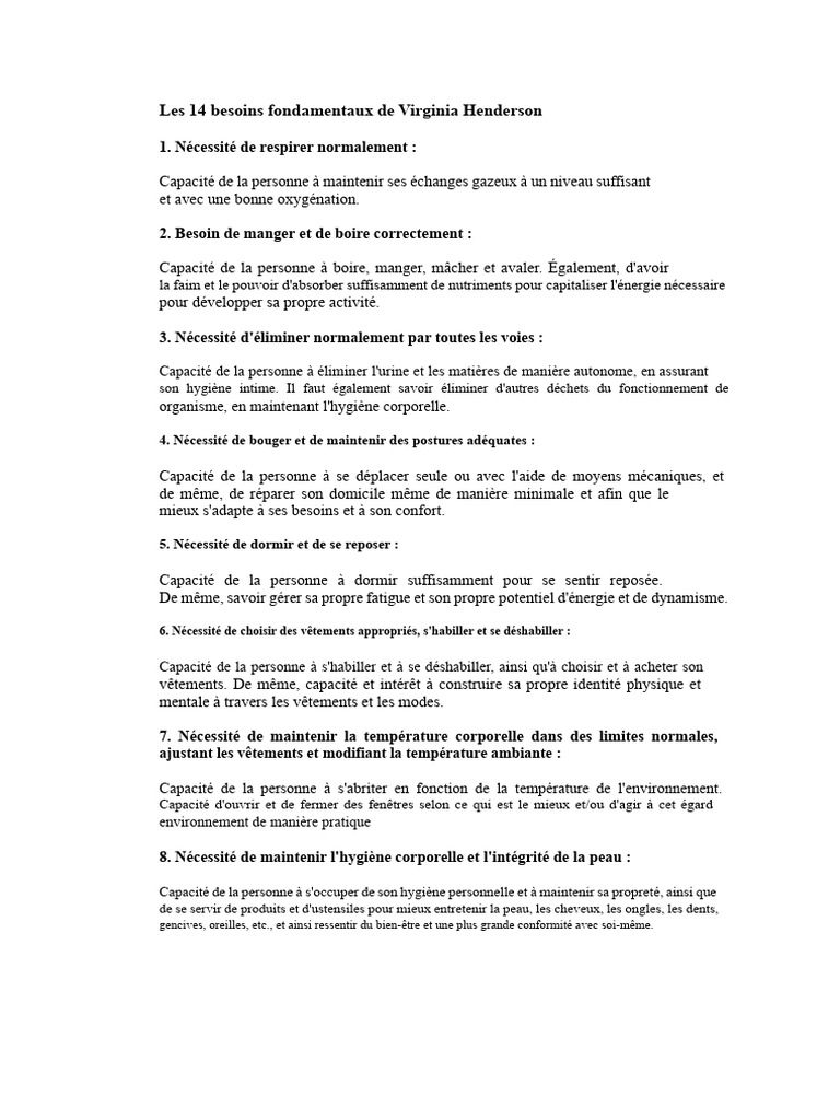 Les 14 besoins de Virginia Henderson | PDF | Sommeil | Environnement ...