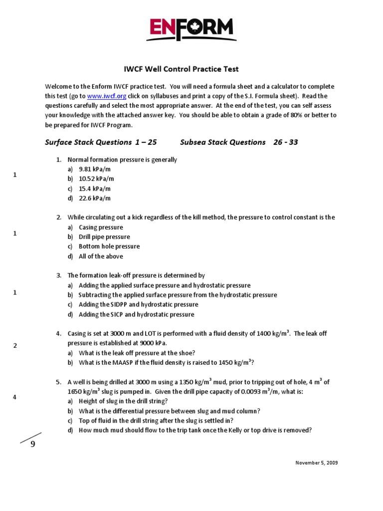 IWCF Well Control Practice Test (ENFORM) Casing (Borehole) Pressure