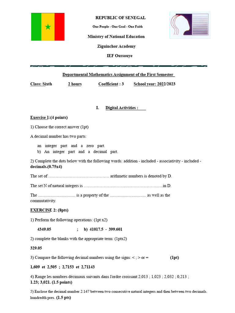 Assignment N°1 of The First Semester Mathematics 6TH Grade 202-2023 ...