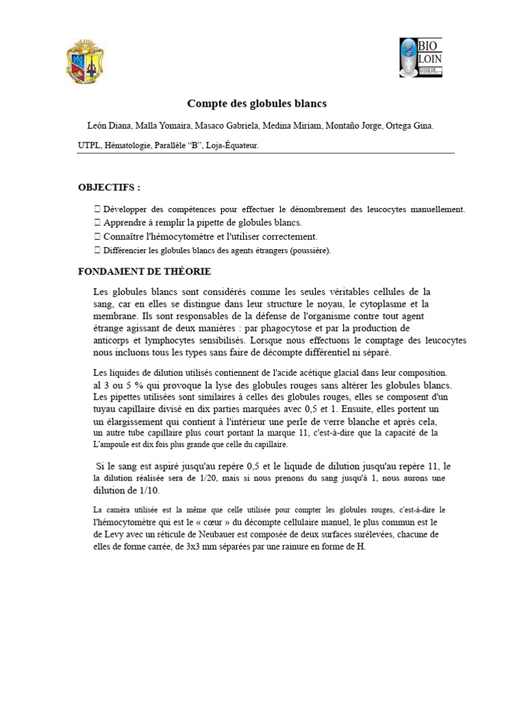 Comptage manuel des globules blancs PDF Globule blanc Sang — free download