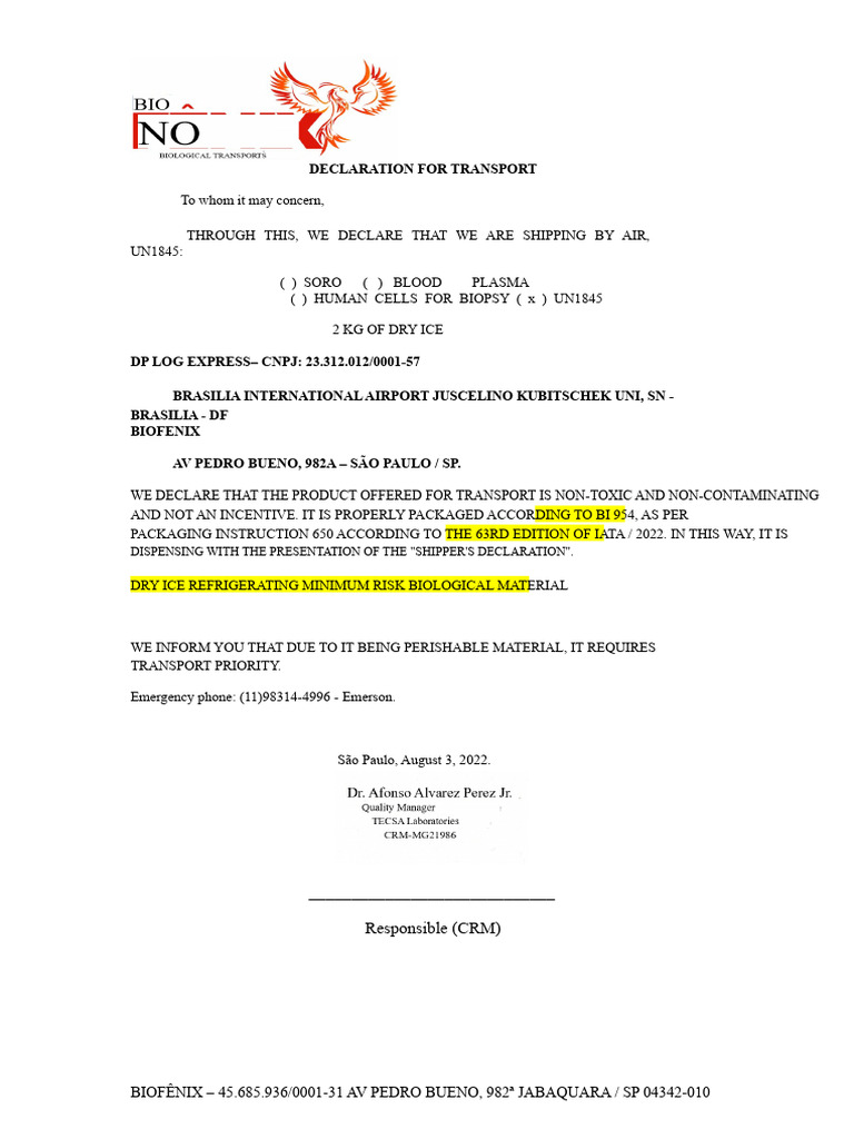 Dry Ice Declaration | PDF