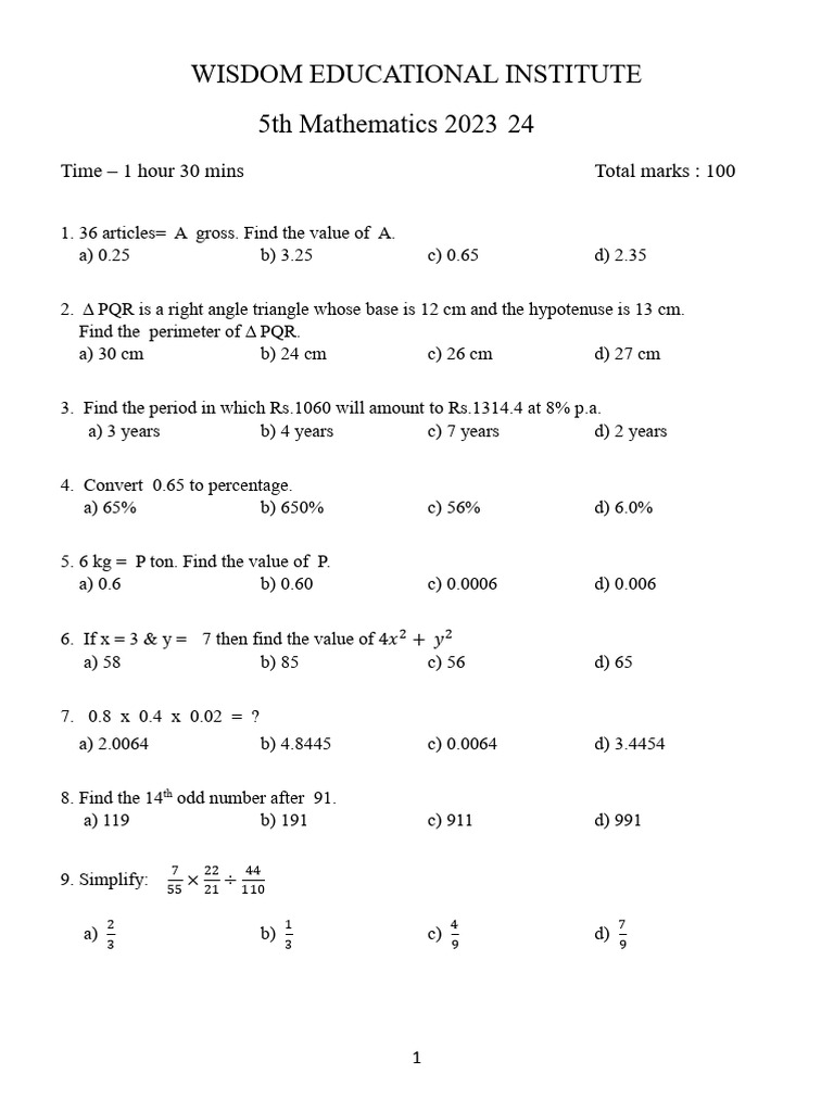 5th Grade Math Exam Questions 2023-24 | PDF | Elementary Geometry ...
