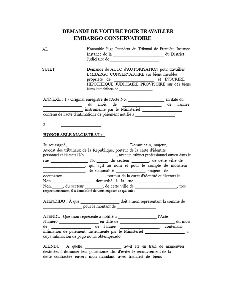 Demande d'embargo conservatoire judiciaire | PDF | Dettes | Débiteur