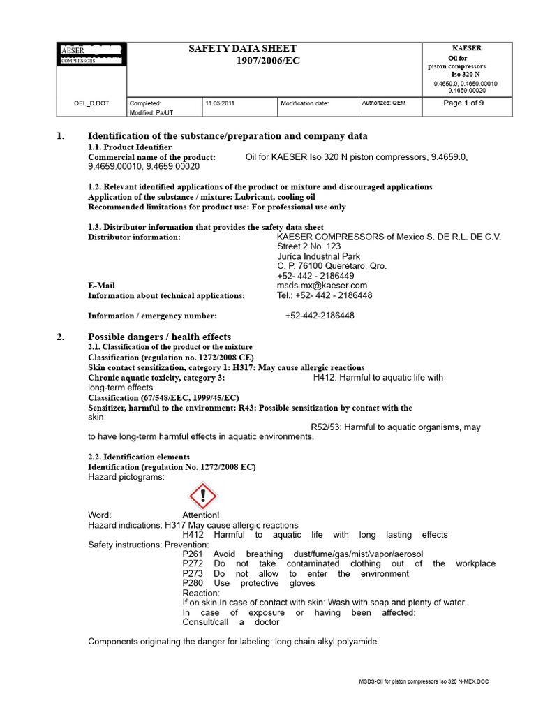 KAESER Iso 320 N Compressor Oil SDS | PDF | Toxicity | Diesel Fuel