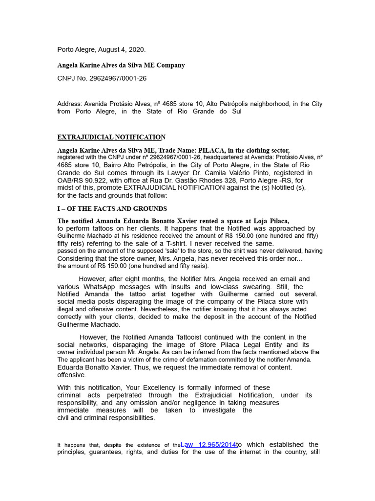 Extrajudicial Notification Dr. Rafaela Araujo | PDF | Defamation | Crimes
