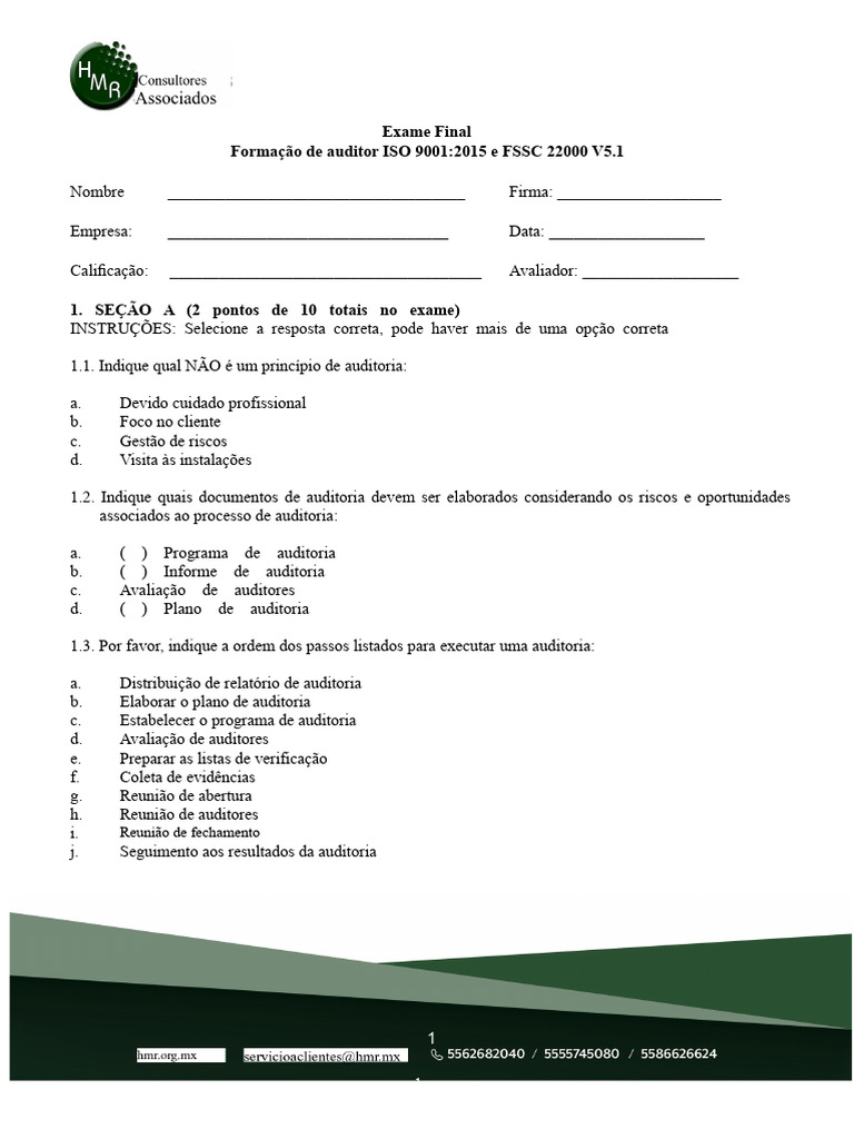 Exame de Auditoria ISO 9001 e FSSC 22000 | PDF