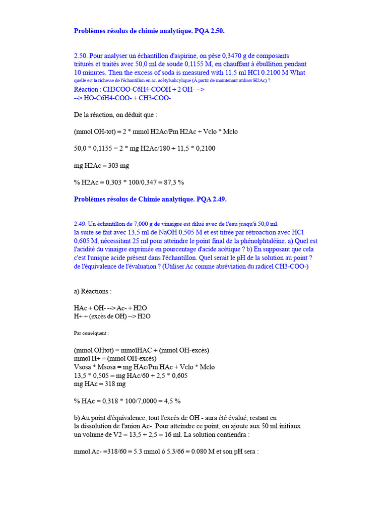 Problèmes de chimie analytique résolus | PDF | Chimie | Titrage