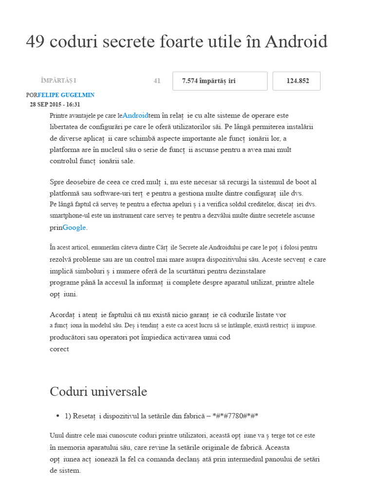 49 Coduri Secrete Foarte Utile Pe Android | PDF
