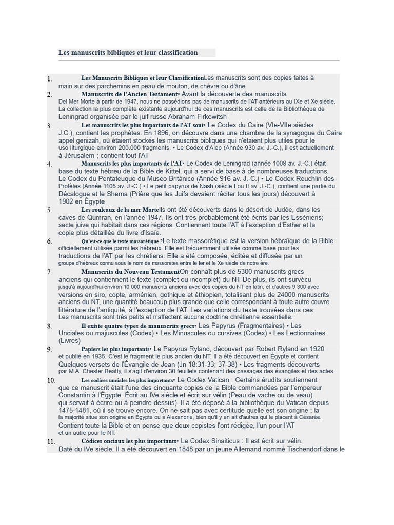 Classification des manuscrits bibliques | PDF | Manuscrits de la mer ...