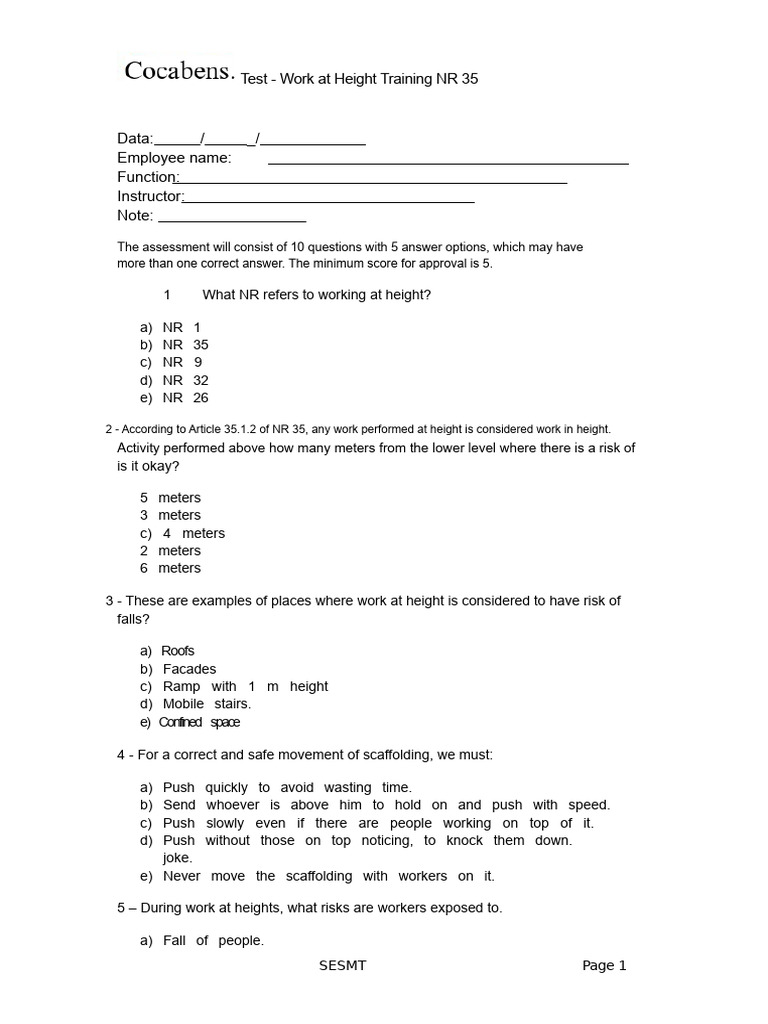 NR 35 Work at Height Training Test | PDF | Risk | Working Conditions