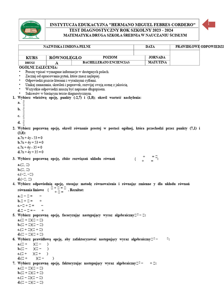 002 Test Diagnostyczny Drugi BC Matematyka 2023 2024 | PDF