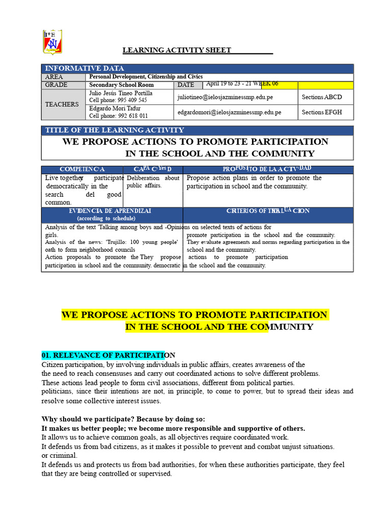 We Propose Actions To Promote Participation: in The School and The ...