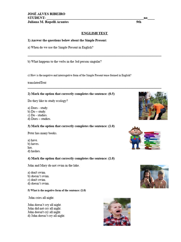 Simple Present English Test Questions | PDF | English Language | Semantics