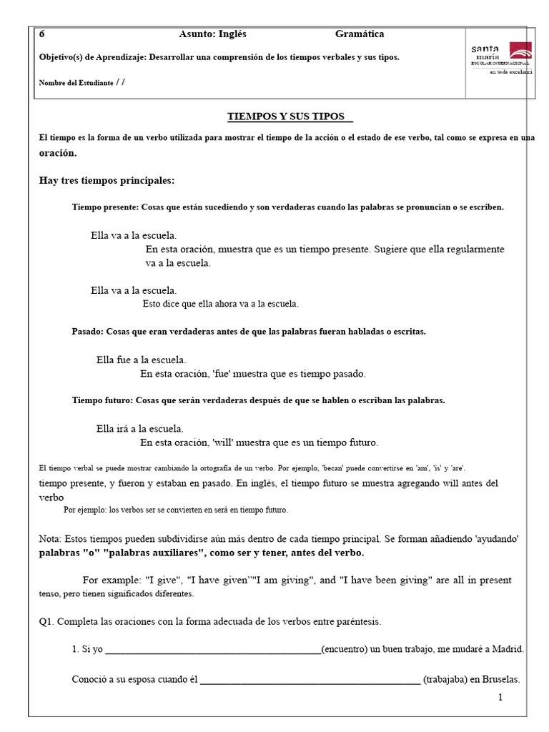 Hoja de Trabajo Sobre Los Tiempos Verbales | PDF | Verbo | Oración ...