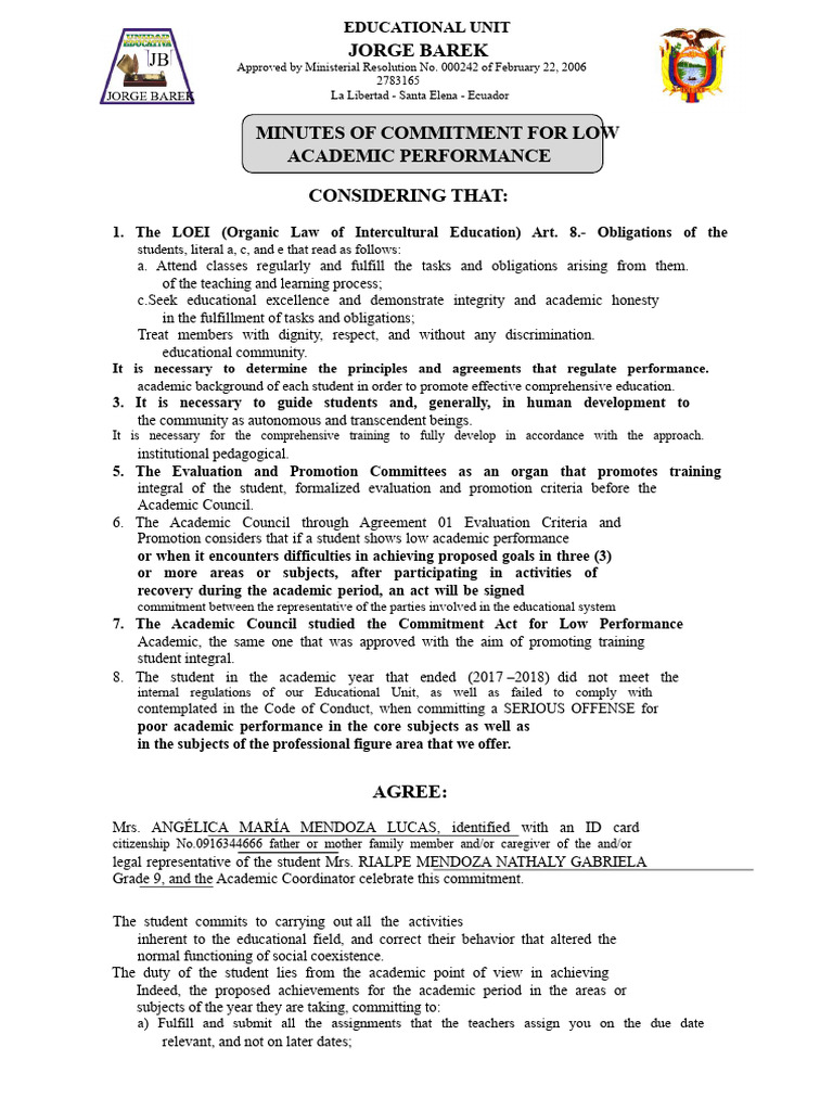 Commitment Act For Low Performance 2018 Student Rialpe Nathaly Grade 9 ...