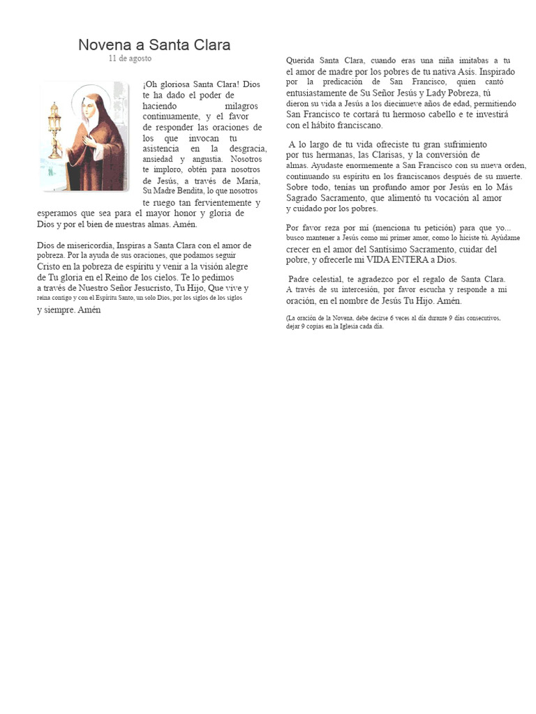 Novena a Santa Clara: Oraciones y Peticiones | PDF | Intercesión | Oración
