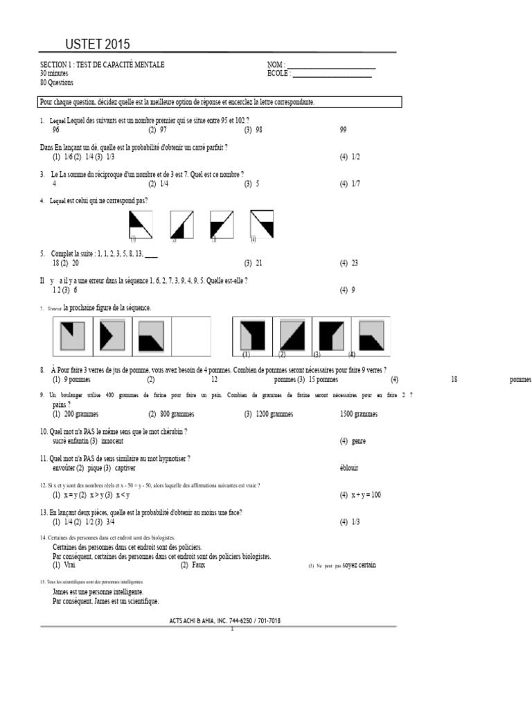 Test de capacité mentale USTET 2015 | PDF