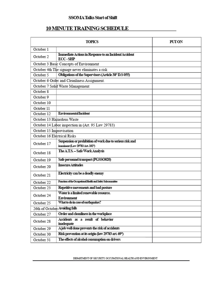 SSOMA Shift Training Schedule Overview | PDF | Occupational Safety And ...