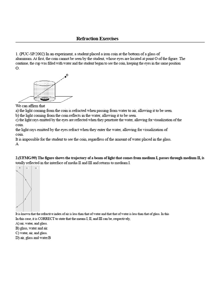 Refraction Exercises and Concepts | PDF | Refraction | Refractive Index