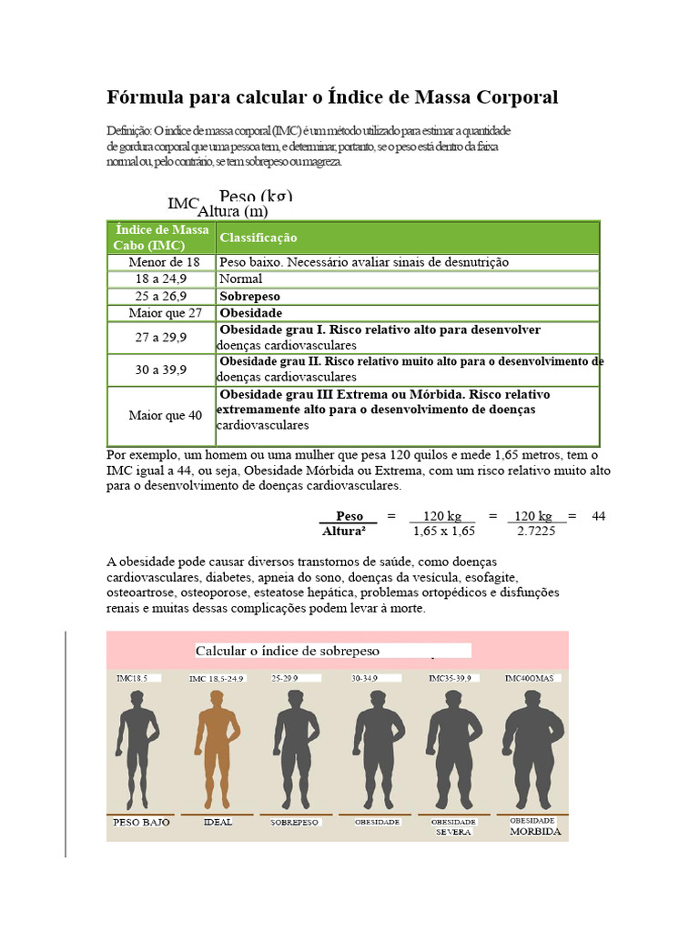 Fórmula para Calcular o Índice de Massa Corporal | PDF | Obesidade ...