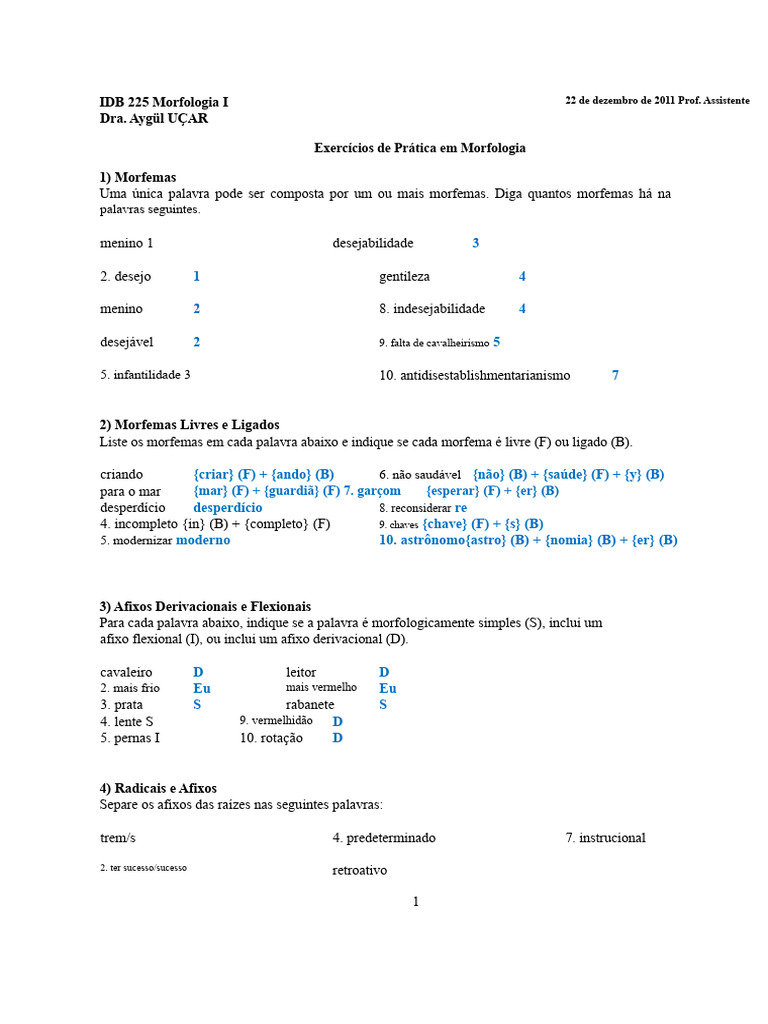 Exercícios de Morfologia e Formação de Palavras | PDF | Palavra | Vogal