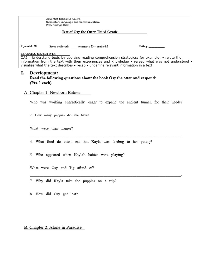 Test Book Osy The Otter | PDF | Reading Comprehension