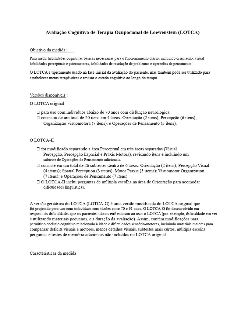 Avaliação Cognitiva LOTCA: Métodos e Versões | PDF | Memória | AVC