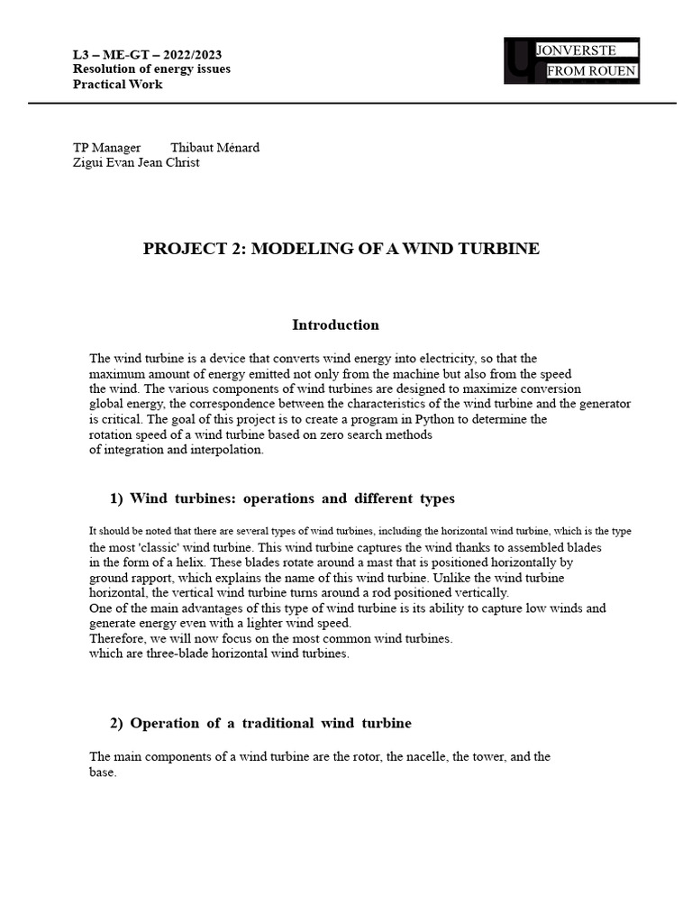 Wind Turbine Modeling Project: Rotation Speed of A Wind Turbine Via ...