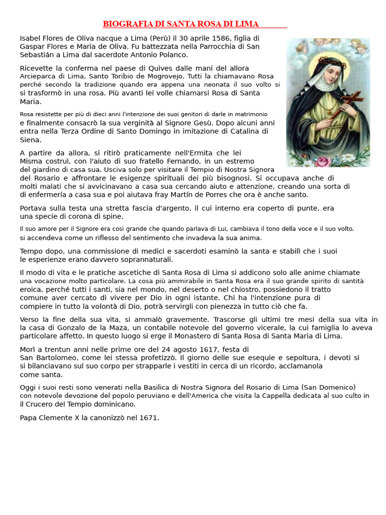 Biografia Di Santa Rosa Di Lima | PDF