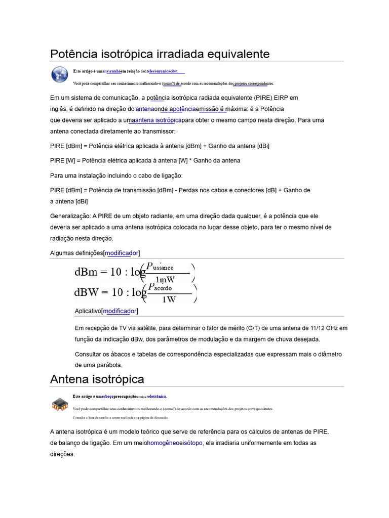 Potência Isotrópica Radiada Equivalente | PDF | Antena (rádio) | Rádio