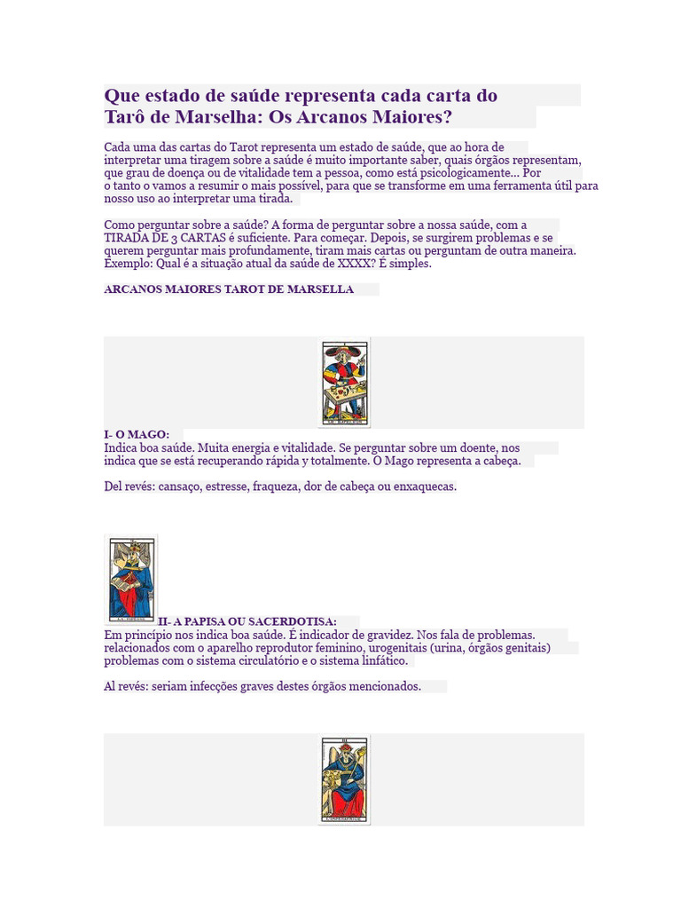 Que Estado de Saúde Representa Cada Carta Do Tarot de Marselha | PDF ...