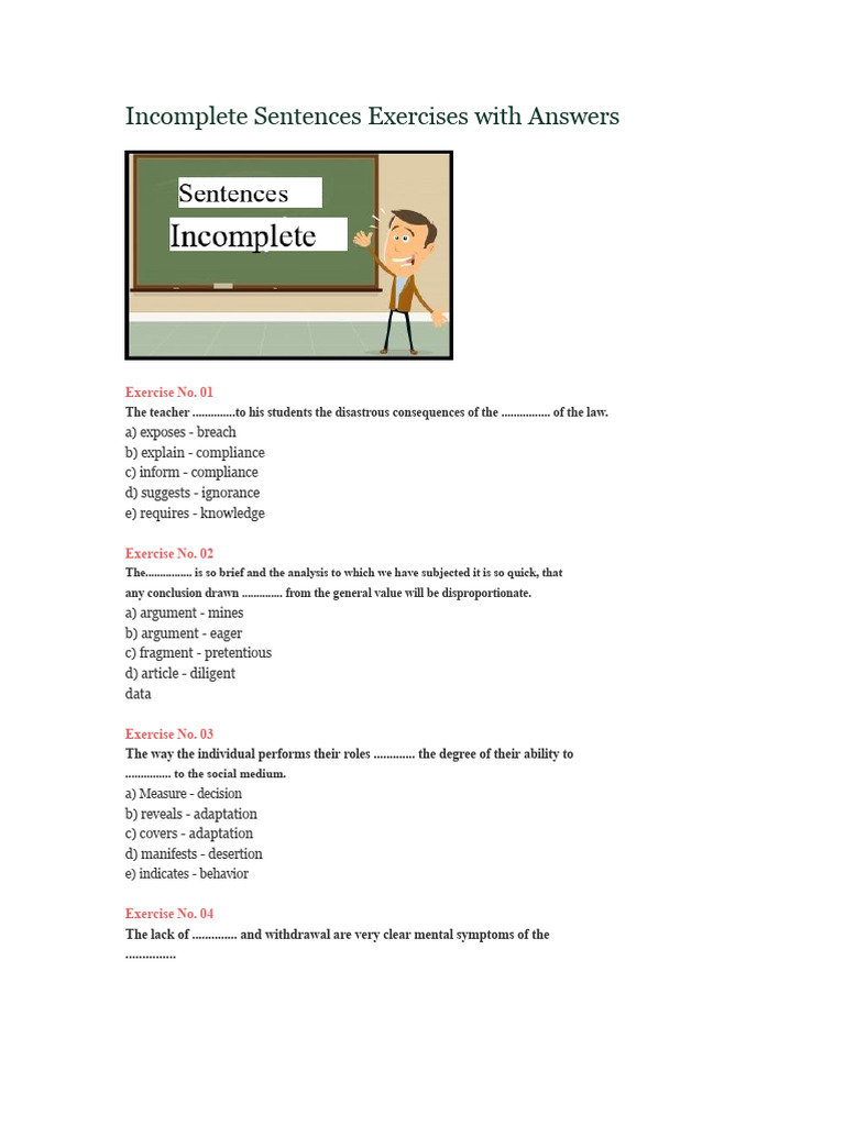 Incomplete Sentences Exercises With Answers | PDF